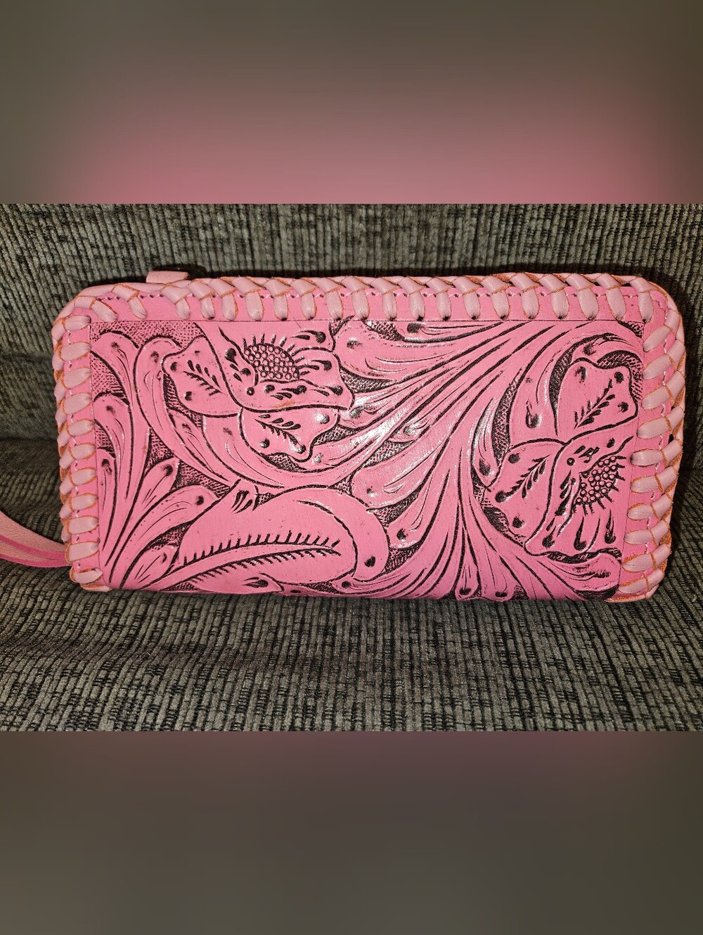 Handcrafted Pink Floral Tooled Leather Wallet Crossbody